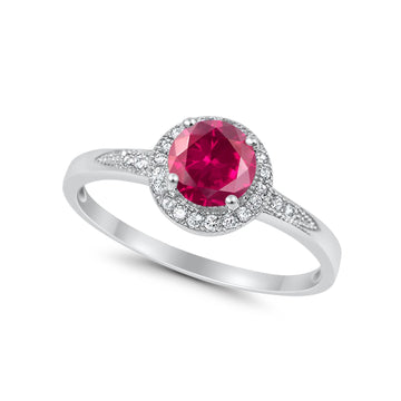 Halo Art Deco Engagement Ring Round Simulated Ruby CZ 925 Sterling Silver